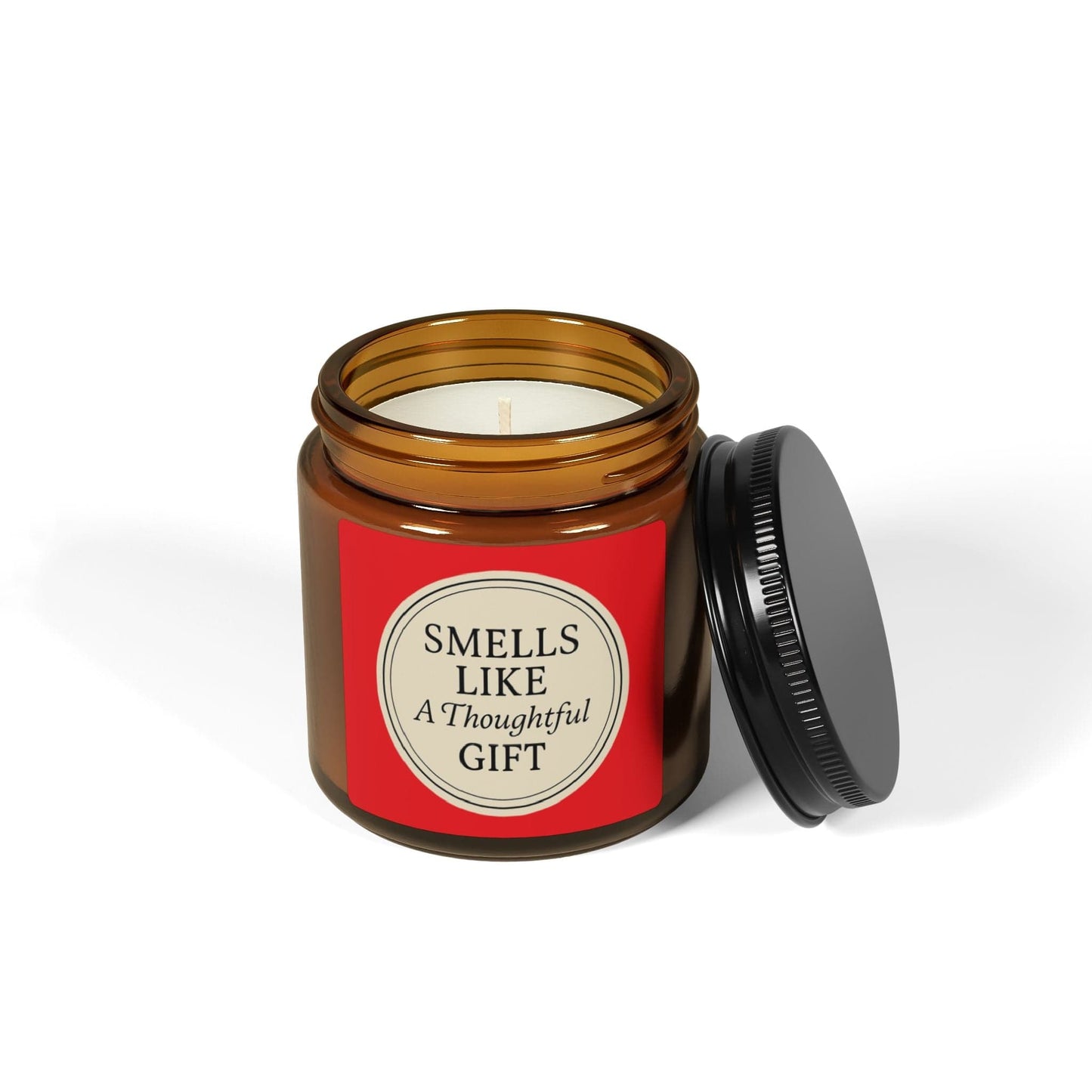 Printify Home Decor “Smells Like a Thoughtful Gift” 4oz Soy Candle – Amber Jar, Hand-Poured Elegance - Red
