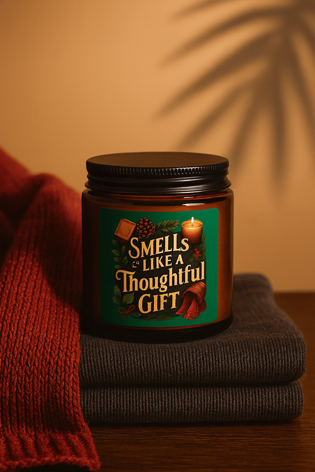 Printify Home Decor 4oz / Amber / Christmas Warmth Smells Like a Thoughtful Gift Candle — Scented Soy Amber Jar - Green Christmas