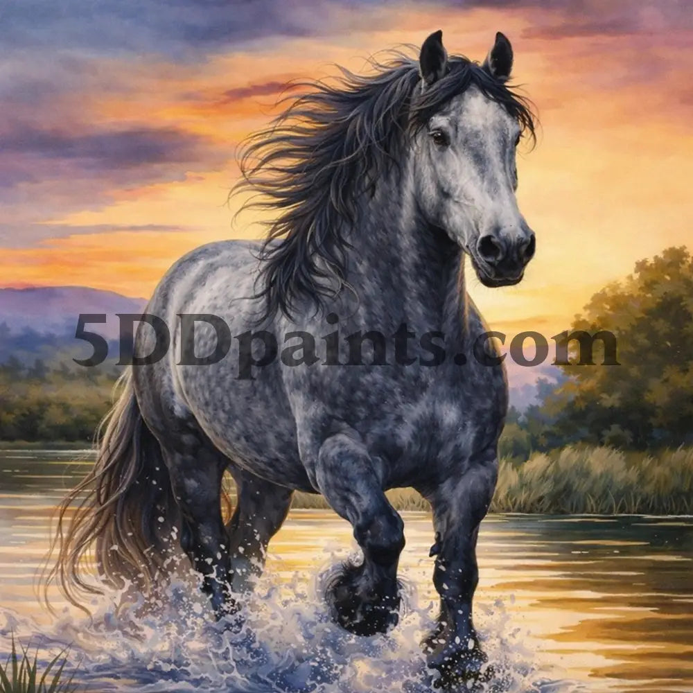 5DDPaints.com arts and crafts kit Spirit of the River – Percheron Horse Diamond Painting Kit