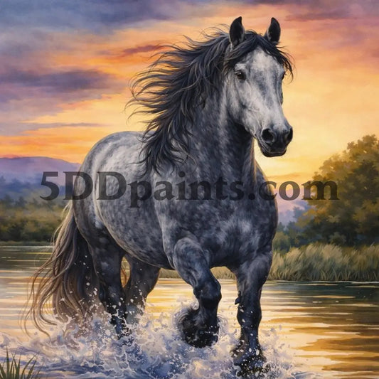 5DDPaints.com arts and crafts kit Spirit of the River – Percheron Horse Diamond Painting Kit