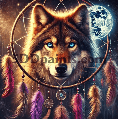 5DDPaints.com arts and crafts kit Spirit of the Wolf Dreamcatcher Diamond Painting Kit