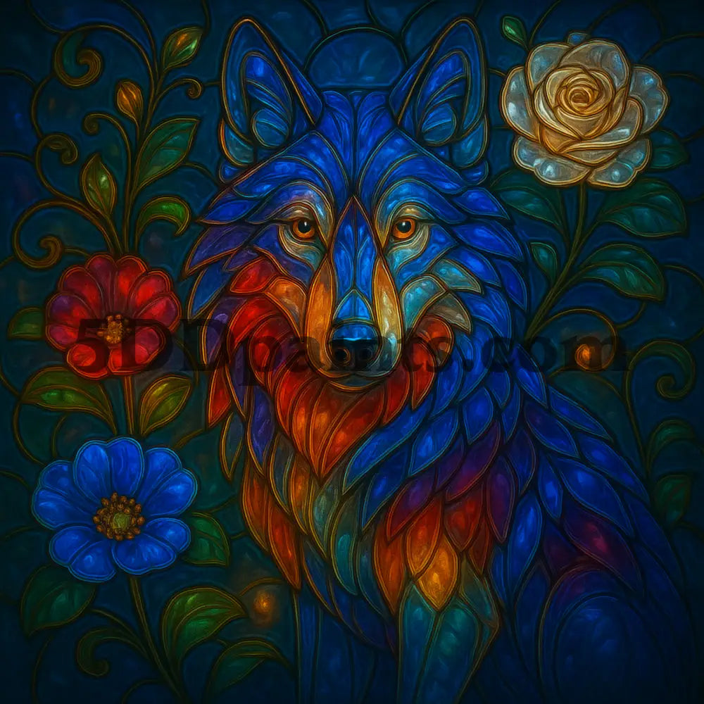 5DDPaints.com Arts & Crafts Stained Glass Animals with Flowers – Wolf, Parrot, Elephant & Sloth Digital Bundle