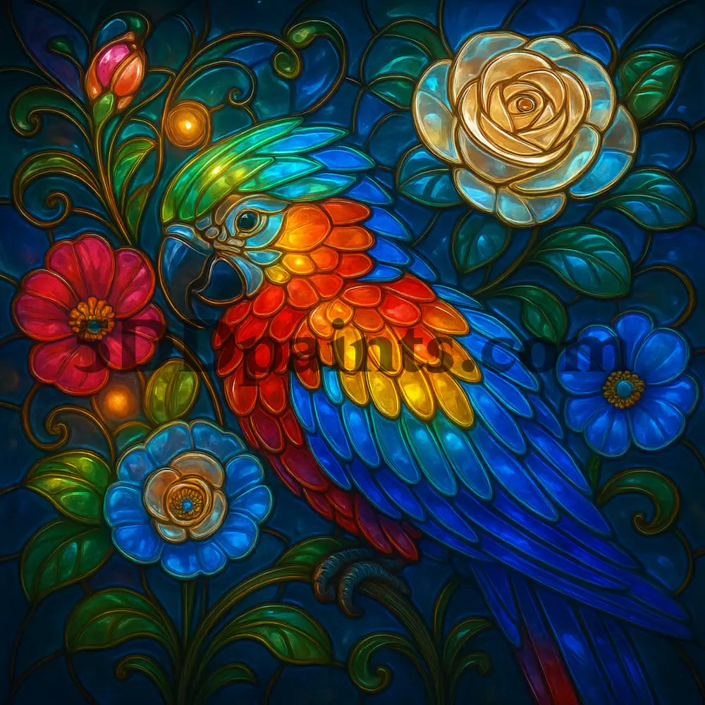 5DDPaints.com Arts & Crafts Stained Glass Animals with Flowers – Wolf, Parrot, Elephant & Sloth Digital Bundle