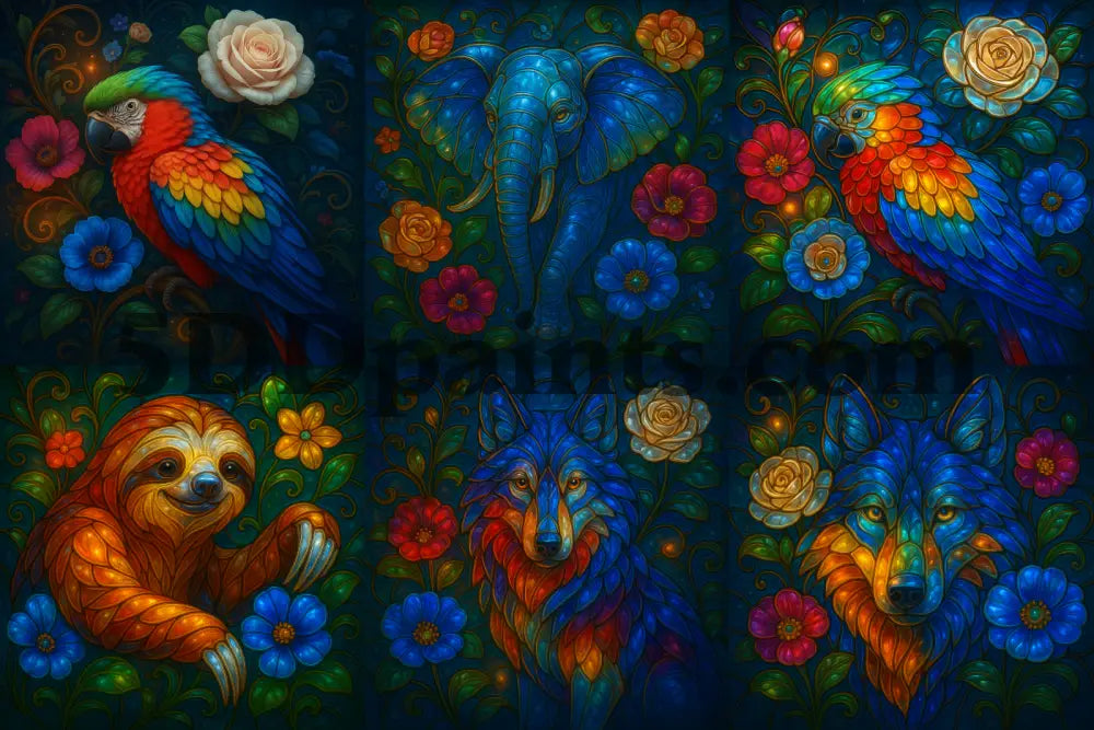 5DDPaints.com Arts & Crafts Stained Glass Animals with Flowers – Wolf, Parrot, Elephant & Sloth Digital Bundle