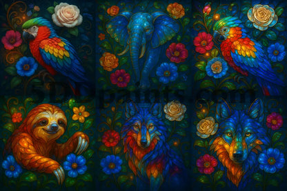 5DDPaints.com Arts & Crafts Stained Glass Animals with Flowers – Wolf, Parrot, Elephant & Sloth Digital Bundle