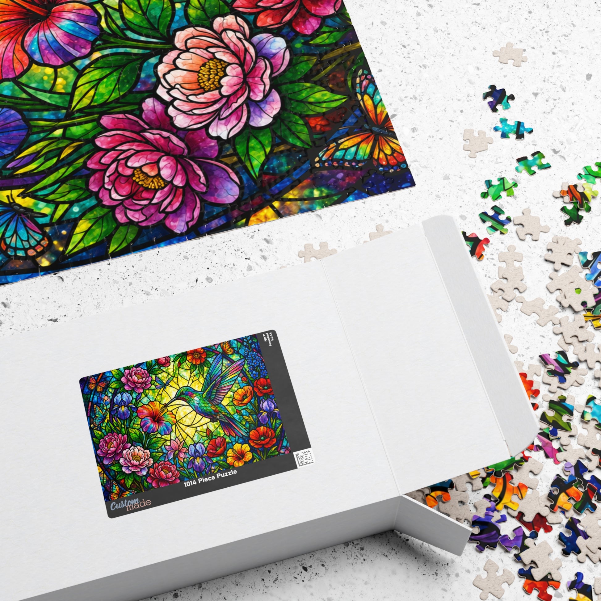 Printify Puzzle Stained Glass Hummingbird Garden Jigsaw Puzzle  520 or 1014 Pieces