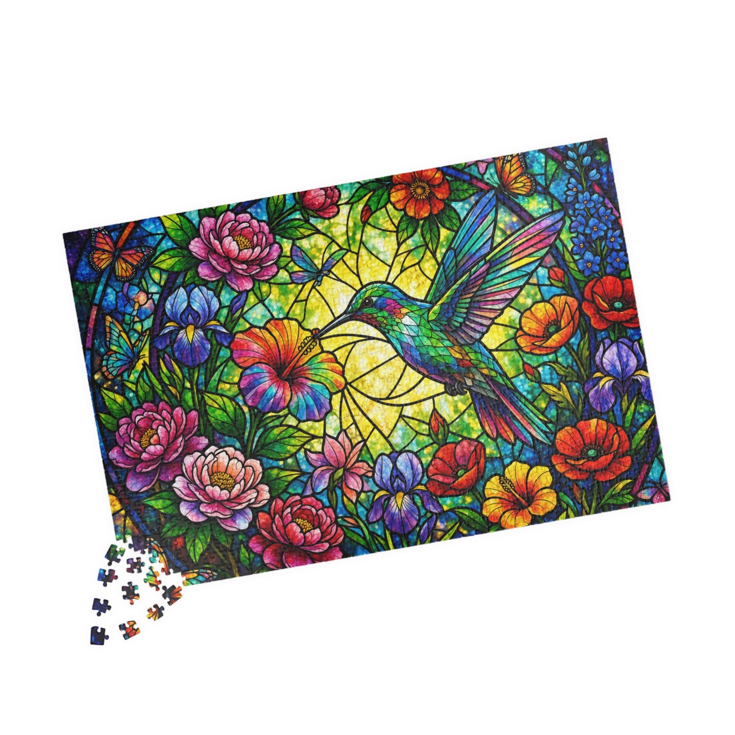 Printify Puzzle Stained Glass Hummingbird Garden Jigsaw Puzzle  520 or 1014 Pieces