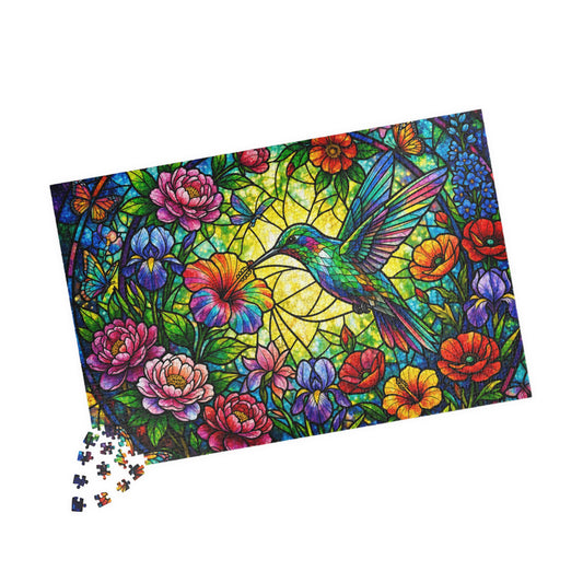 Printify Puzzle Stained Glass Hummingbird Garden Jigsaw Puzzle  520 or 1014 Pieces