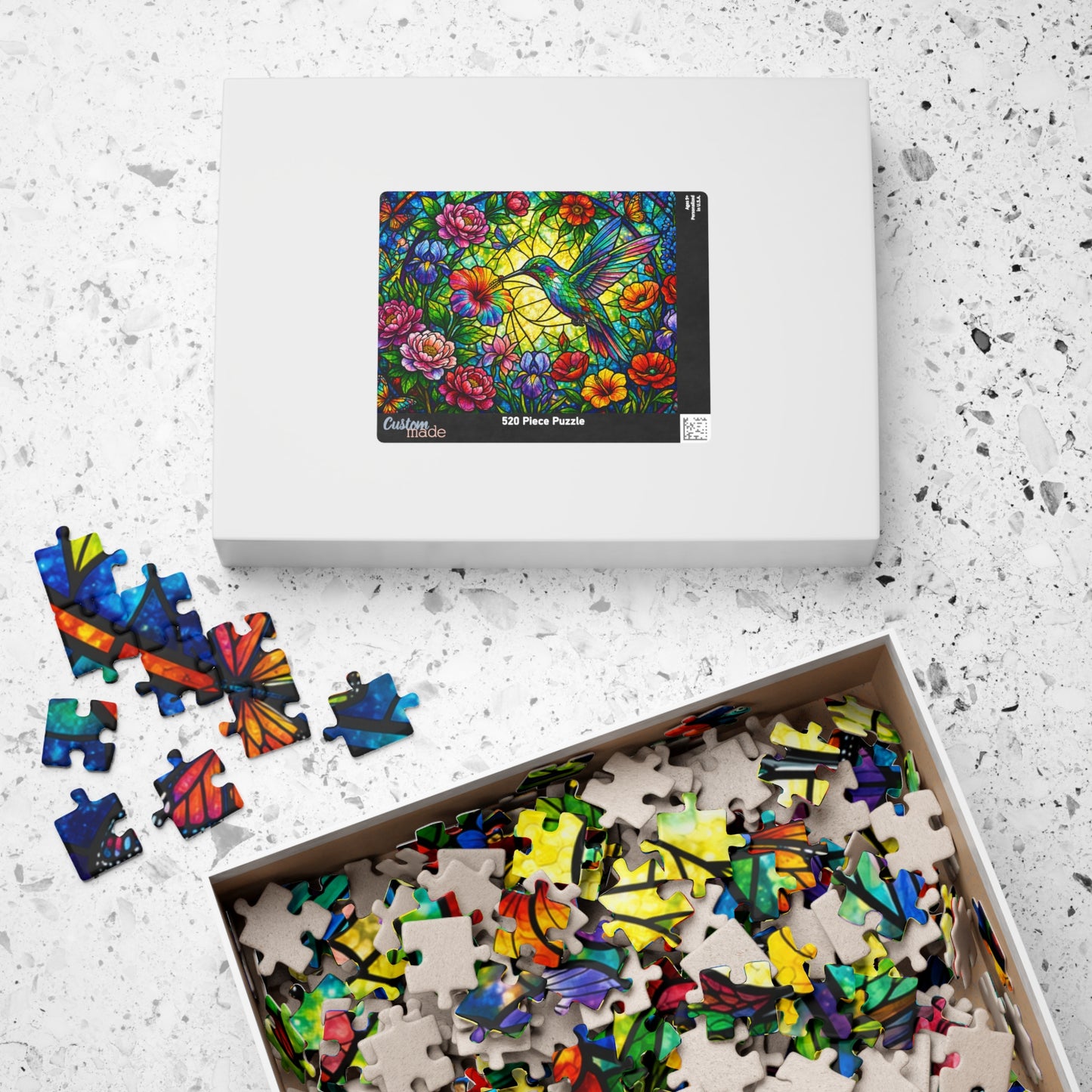 Printify Puzzle Stained Glass Hummingbird Garden Jigsaw Puzzle  520 or 1014 Pieces
