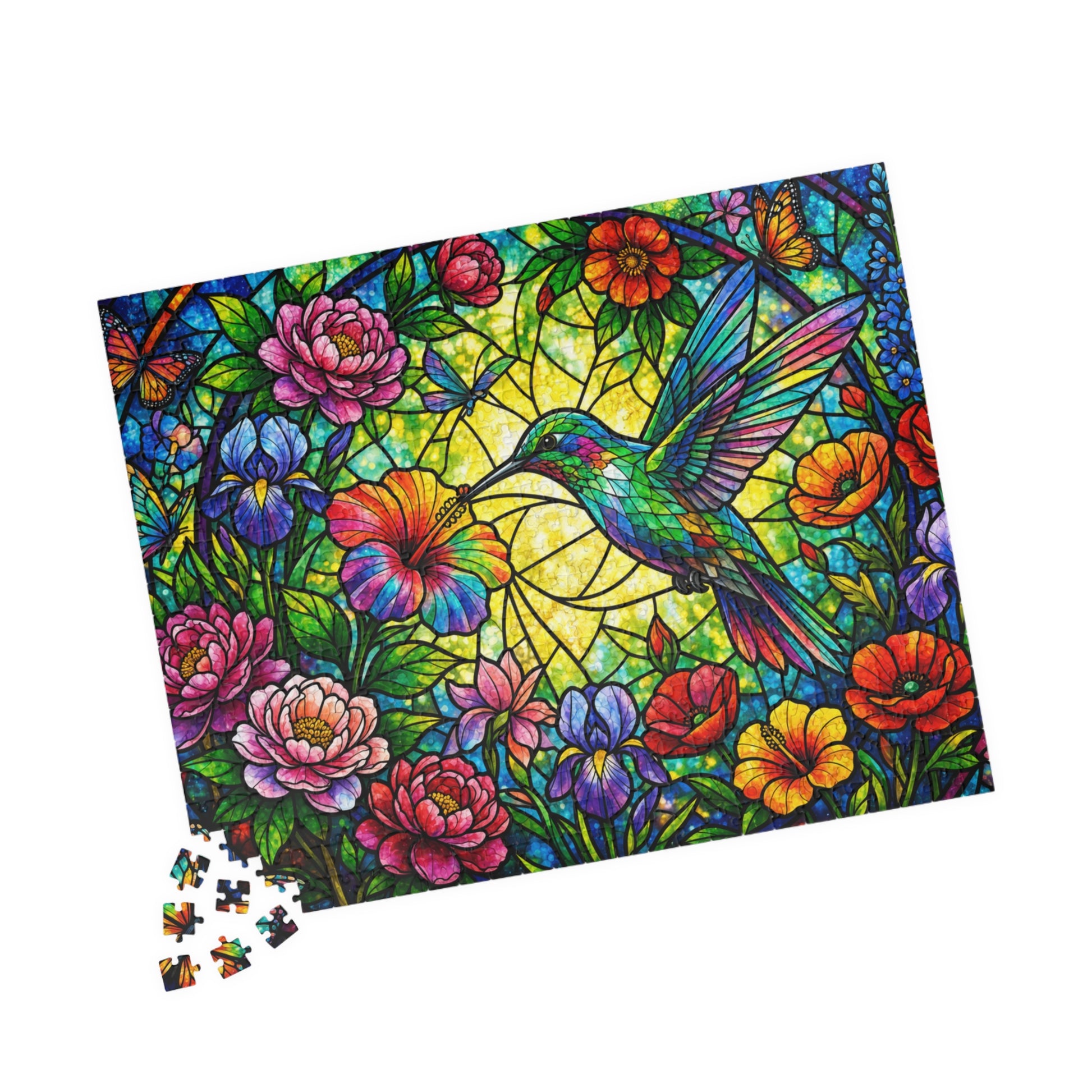 Printify Puzzle Stained Glass Hummingbird Garden Jigsaw Puzzle  520 or 1014 Pieces