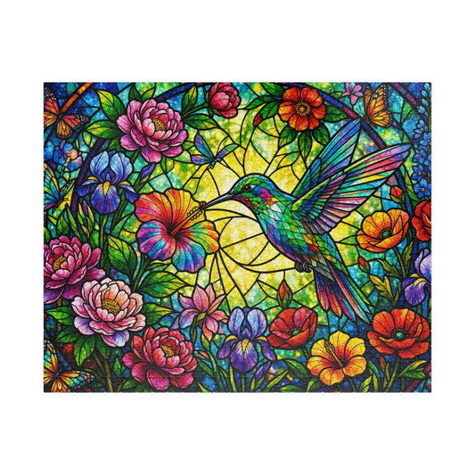 Printify Puzzle 520 pcs (Horizontal) Stained Glass Hummingbird Garden Jigsaw Puzzle  520 or 1014 Pieces