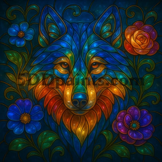 5DDPaints.com arts and crafts kit Stained Glass Rainbow Wolf Diamond Painting Kit