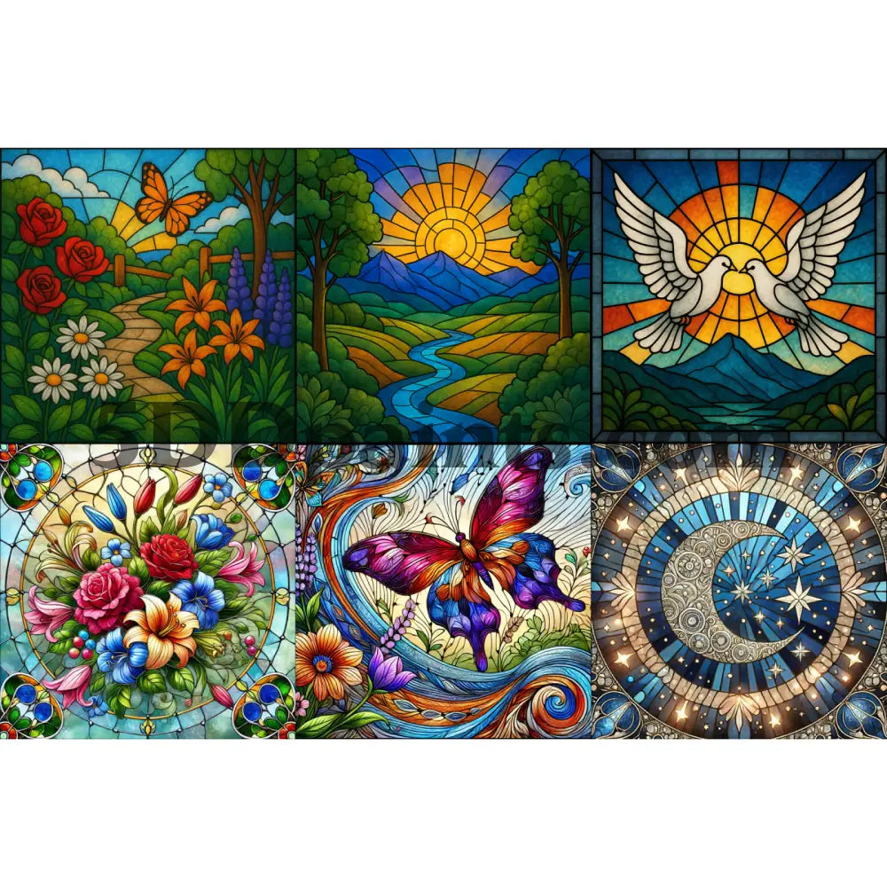 5DDPaints.com Art & Craft Kits Stained Glass Serenity – 6-Piece Digital Art Bundle (High-Resolution PNGs)