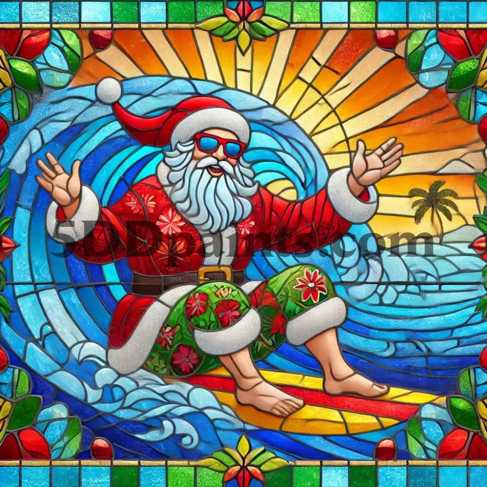 5DDPaints.com arts and crafts kit Stained Glass Surfing Santa 5D Diamond Painting Kit – Tropical Holiday Fun