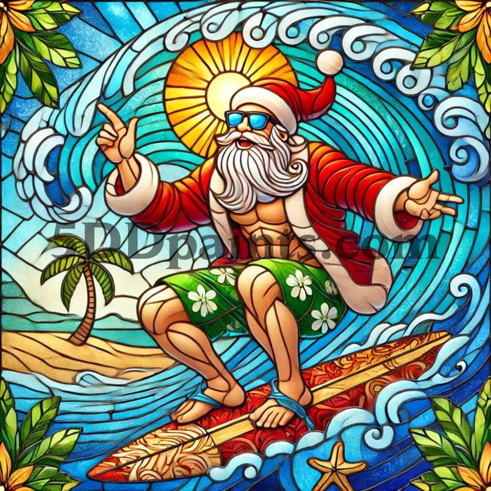 5DDPaints.com arts and crafts kit Stained Glass Surfing Santa 5D Diamond Painting Kit – Tropical Holiday Fun