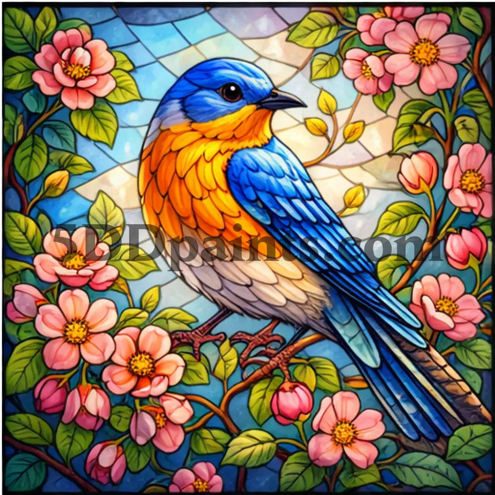 5DDPaints.com Art & Craft Kits Bluebird Among Flowers / 20x20cm / Square Stained Glass Wildlife – Diamond Painting Collection