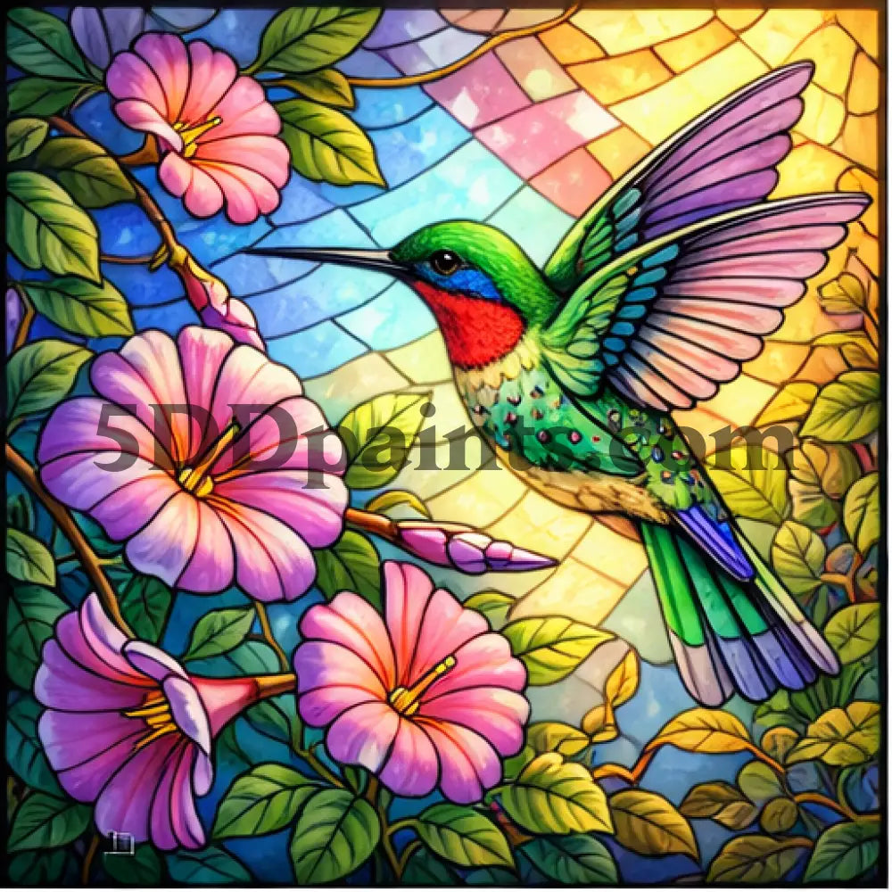 5DDPaints.com Art & Craft Kits Hummingbird in Bloom / 20x20cm / Square Stained Glass Wildlife – Diamond Painting Collection