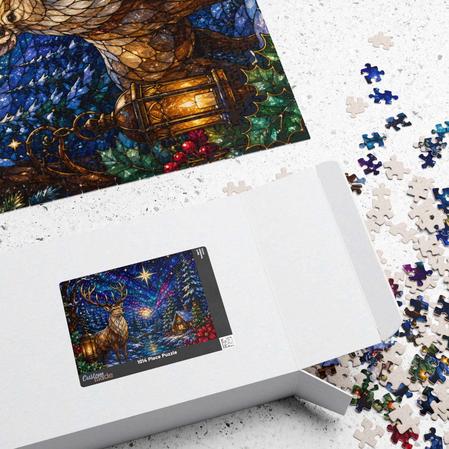 Printify Puzzle Stained Glass Winter Stag Jigsaw Puzzle | 520 or 1014 Pieces