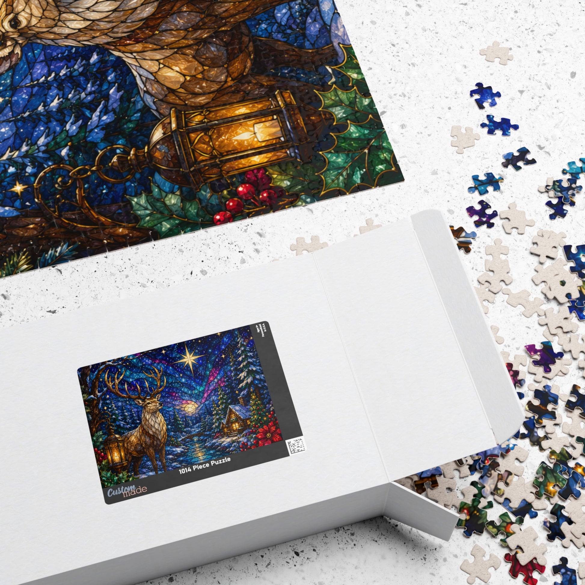Printify Puzzle Stained Glass Winter Stag Jigsaw Puzzle | 520 or 1014 Pieces