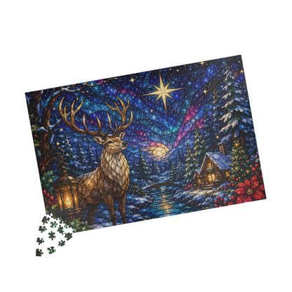 Printify Puzzle Stained Glass Winter Stag Jigsaw Puzzle | 520 or 1014 Pieces