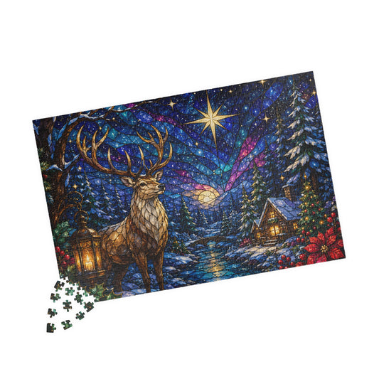 Printify Puzzle Stained Glass Winter Stag Jigsaw Puzzle | 520 or 1014 Pieces