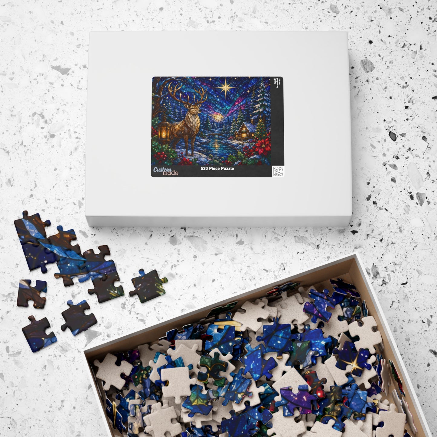 Printify Puzzle Stained Glass Winter Stag Jigsaw Puzzle | 520 or 1014 Pieces