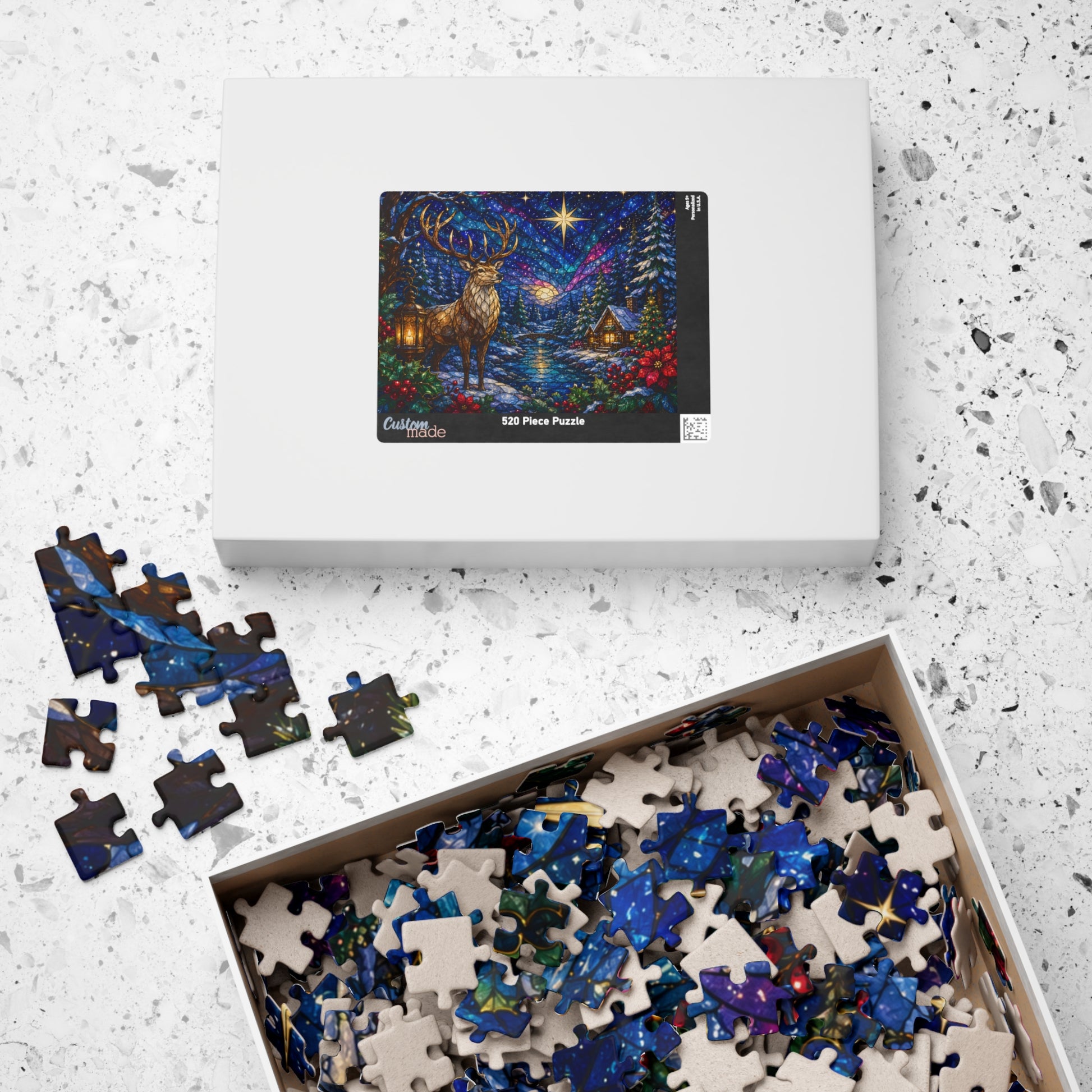 Printify Puzzle Stained Glass Winter Stag Jigsaw Puzzle | 520 or 1014 Pieces