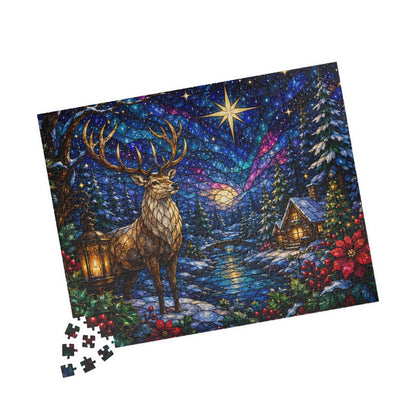 Printify Puzzle Stained Glass Winter Stag Jigsaw Puzzle | 520 or 1014 Pieces
