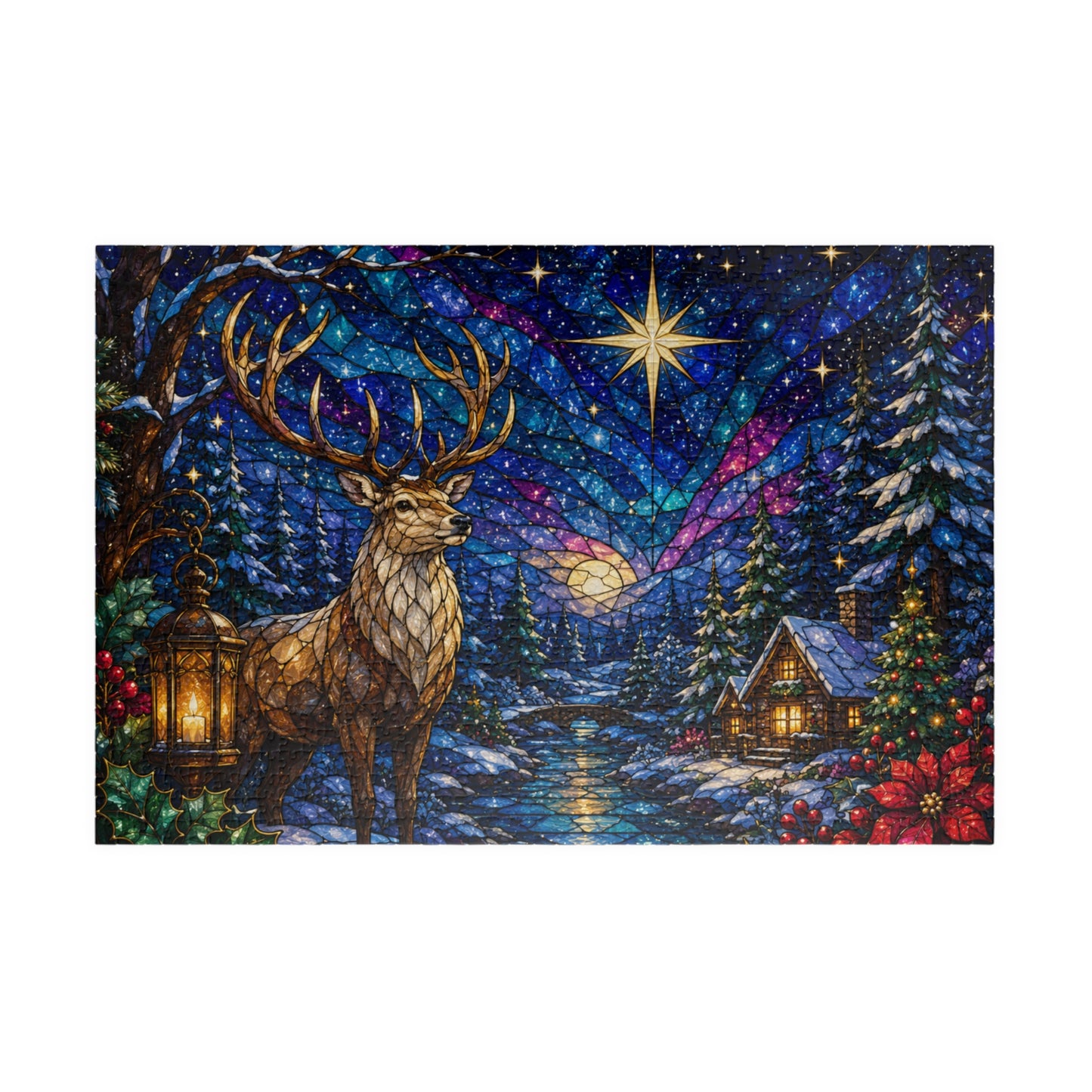 Printify Puzzle 1014 pcs (Horizontal) Stained Glass Winter Stag Jigsaw Puzzle | 520 or 1014 Pieces