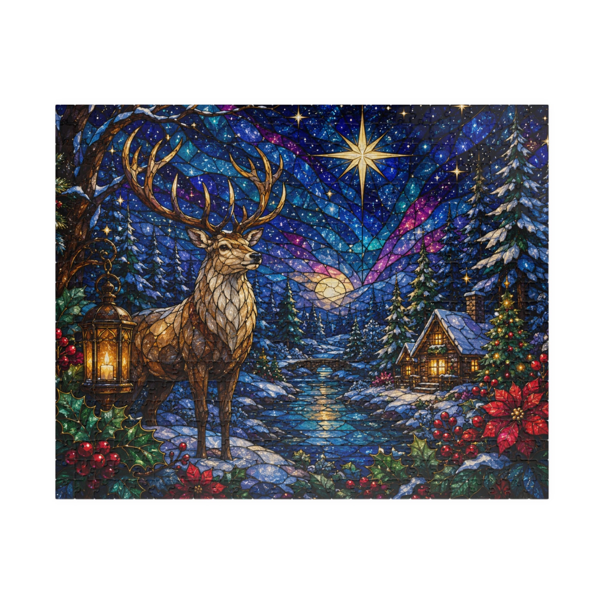 Printify Puzzle 520 pcs (Horizontal) Stained Glass Winter Stag Jigsaw Puzzle | 520 or 1014 Pieces