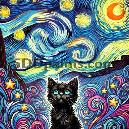 5DDPaints.com arts and crafts kit Starry Night Wonder Cat Diamond Painting Kit