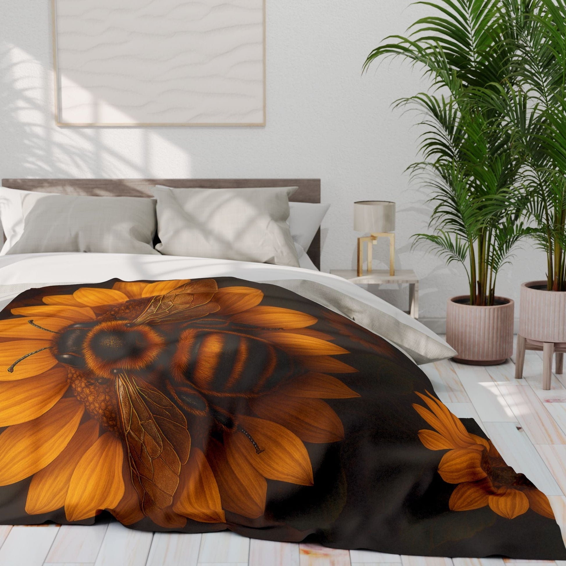 Printify Home Decor Sunflower Bee Fleece Blanket — Cozy Floral Honeybee Throw