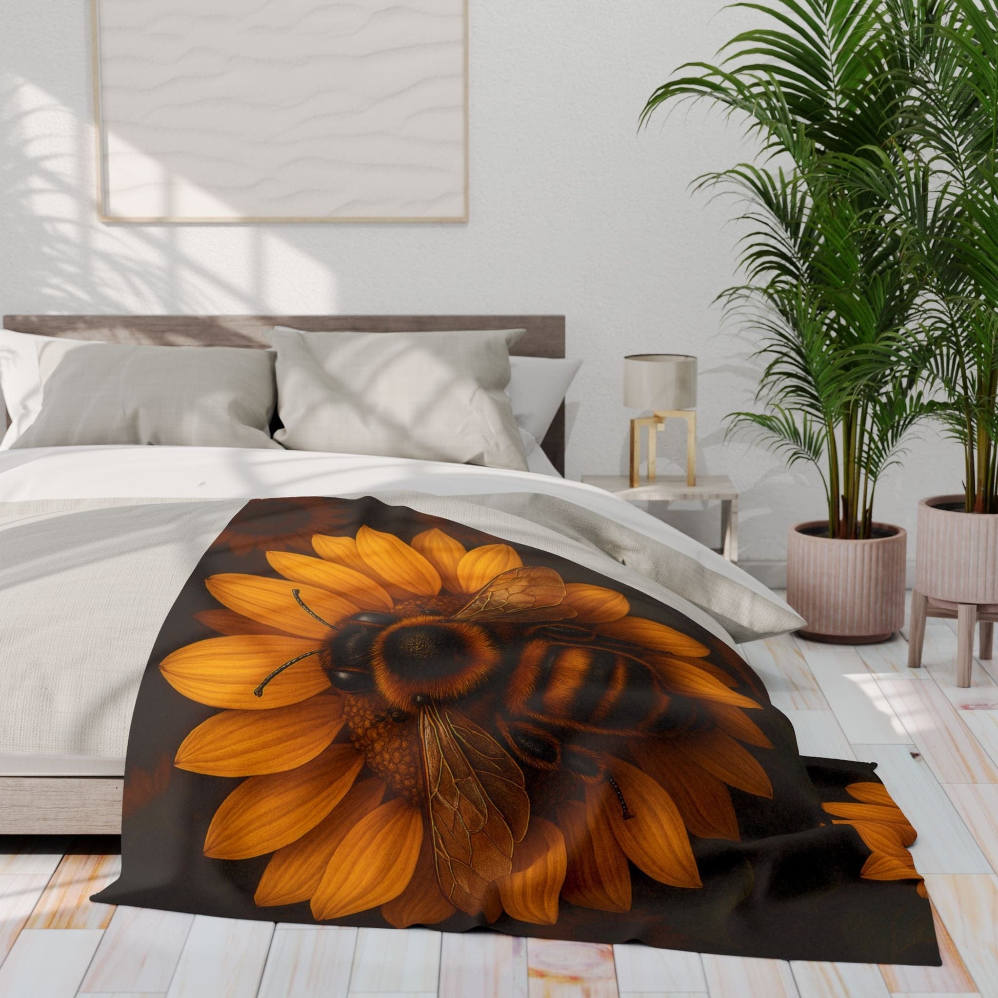 Printify Home Decor Sunflower Bee Fleece Blanket — Cozy Floral Honeybee Throw