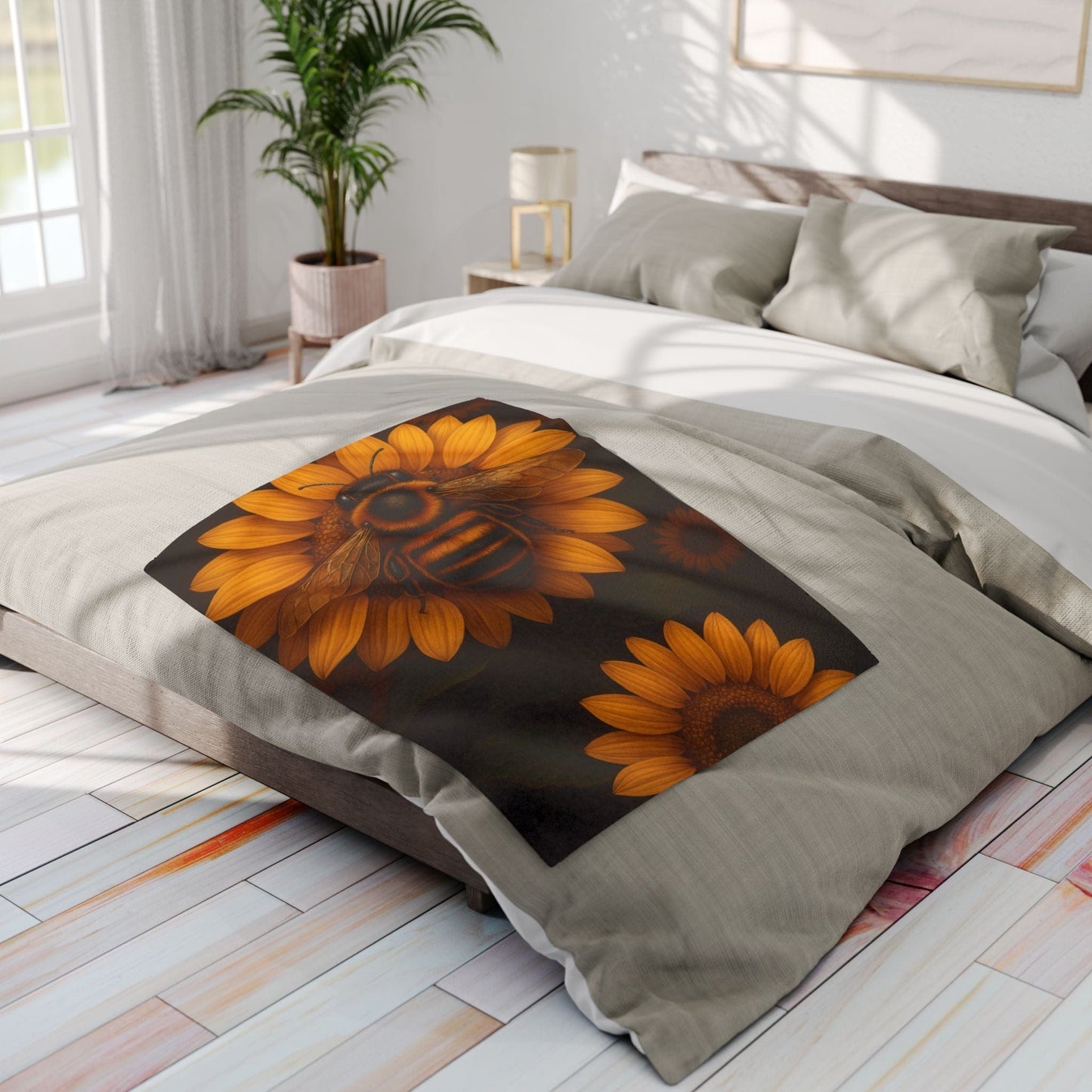 Printify Home Decor Sunflower Bee Fleece Blanket — Cozy Floral Honeybee Throw