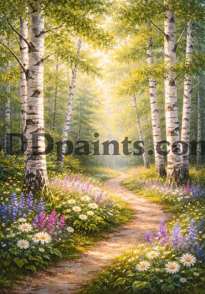 5DDPaints.com home decor Sunlit Birch Forest Path Diamond Painting Kit – Peaceful Woodland Escape