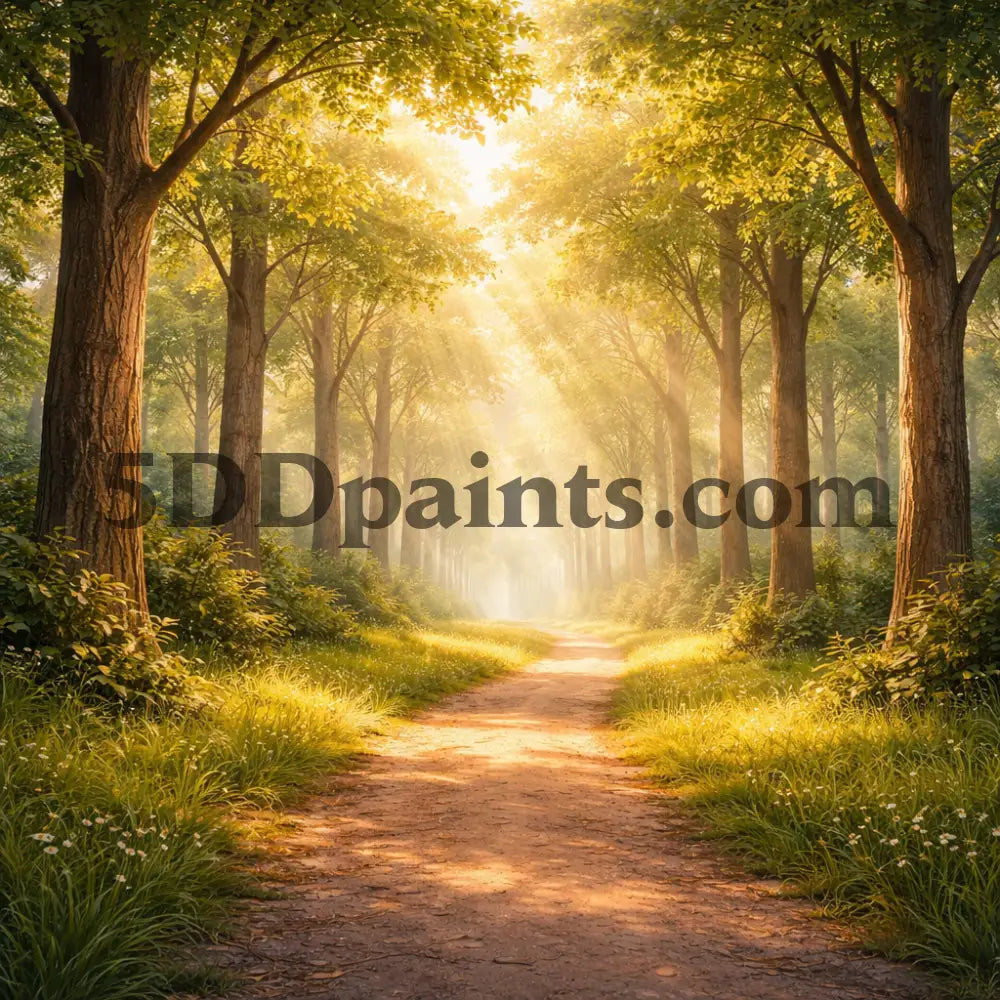 5DDPaints.com arts and crafts kit Sunlit Forest Path – Peaceful Woodland Diamond Painting Kit