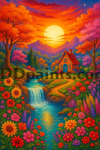 5DDPaints.com arts and crafts kit Sunset Cottage by the Stream Diamond Painting Kit