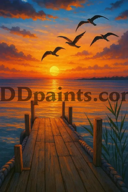 5DDPaints.com arts and crafts kit Sunset Serenity Dock Diamond Painting Kit