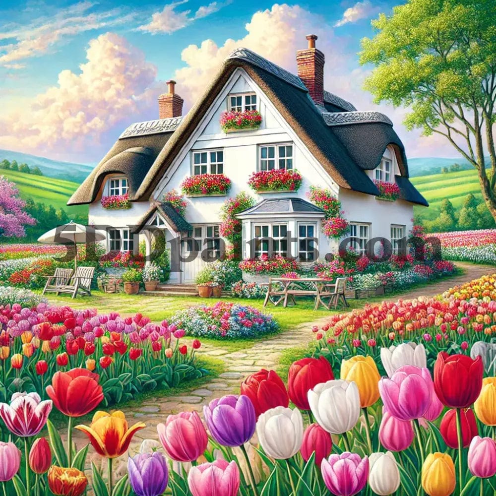 5DDPaints.com arts and crafts kit Tulip Cottage Bliss Diamond Painting Kit