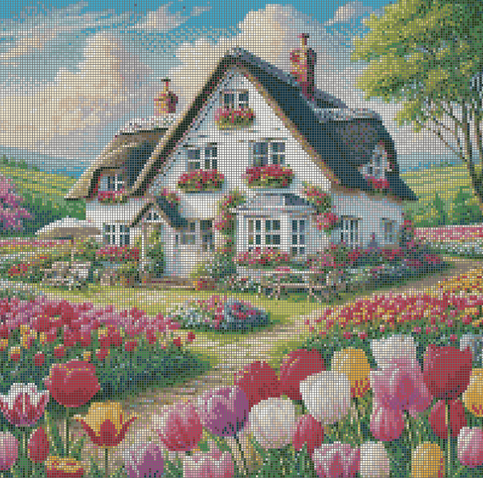 5DDPaints.com arts and crafts kit Tulip Cottage Bliss Diamond Painting Kit