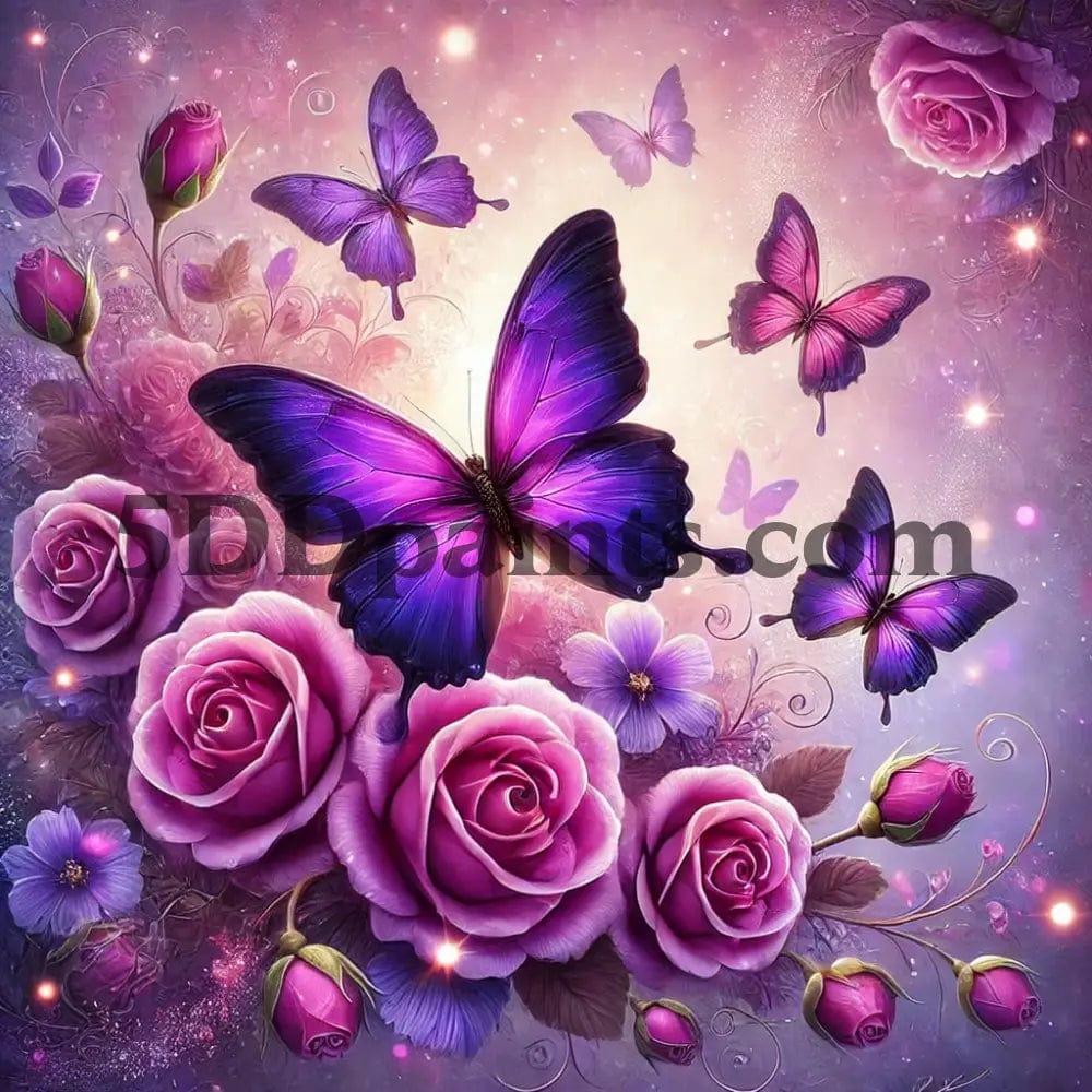 5DDPaints.com arts and crafts kit Vibrant Purple Butterflies with Blooming Roses Diamond Painting Kit