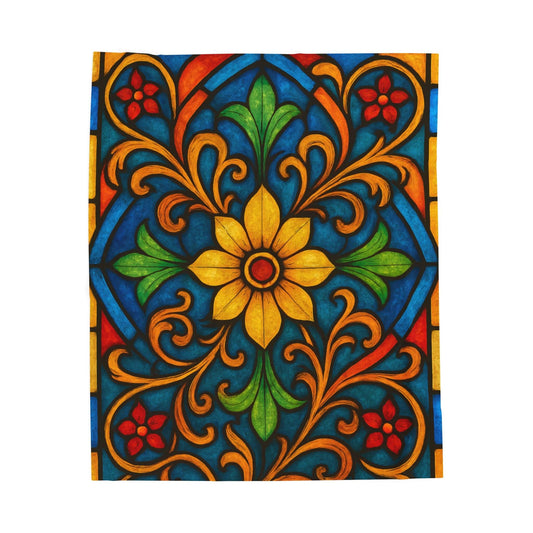 Printify All Over Prints 50" × 60" Vibrant Stained Glass Velveteen Plush Blanket – 50x60 Cozy Bohemian Throw for Home Decor & Gifts