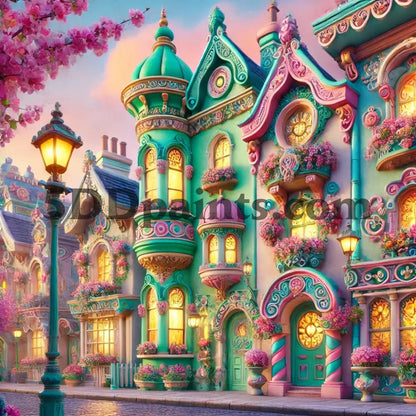 5DDPaints.com arts and crafts kit 30x30cm square / One Victorian Sunset Street 5D Diamond Painting Kit – Pastel Charm and Blooming Flowers