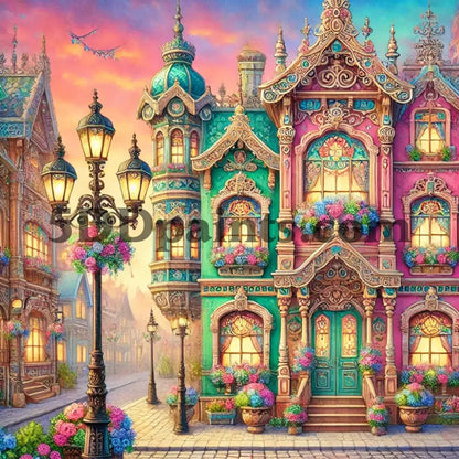 5DDPaints.com arts and crafts kit Victorian Sunset Street 5D Diamond Painting Kit – Pastel Charm and Blooming Flowers