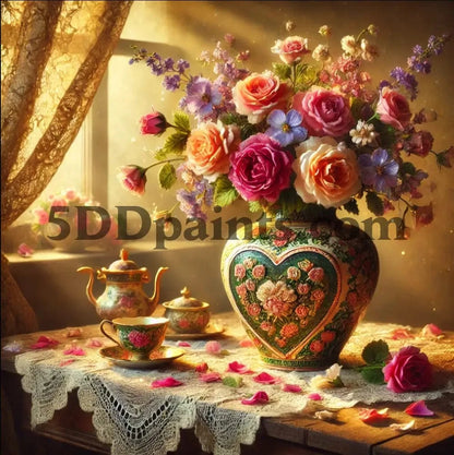 5DDPaints.com arts and crafts kit Victorian Tea and Roses Diamond Painting Kit