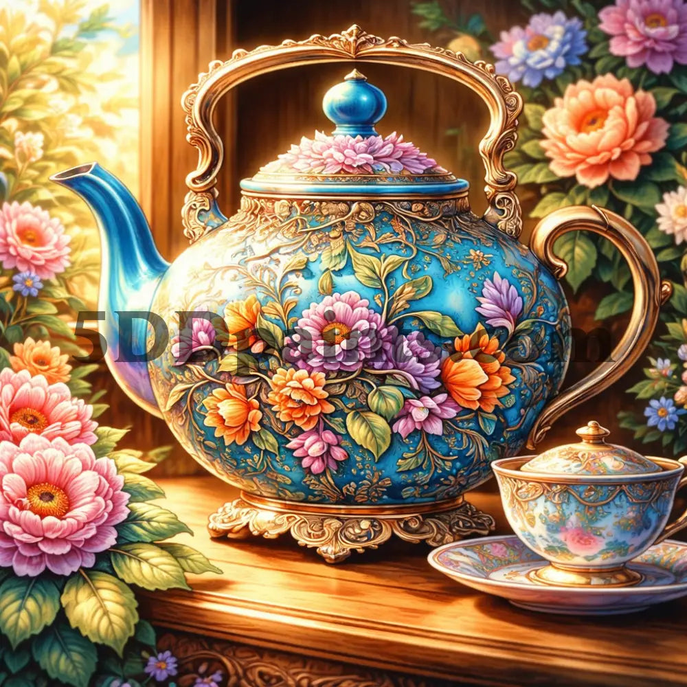 5DDPaints.com decoration Vintage Floral Teapot Diamond Painting Kit – Elegant Garden Tea Scene