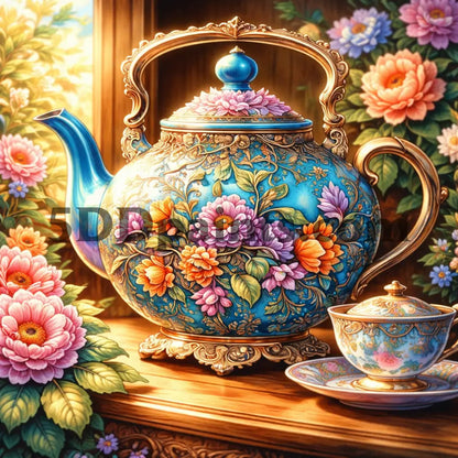 5DDPaints.com decoration Vintage Floral Teapot Diamond Painting Kit – Elegant Garden Tea Scene