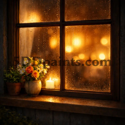 5DDPaints.com arts and crafts kit Warm Light, Rainy Night – Cozy Window Diamond Painting