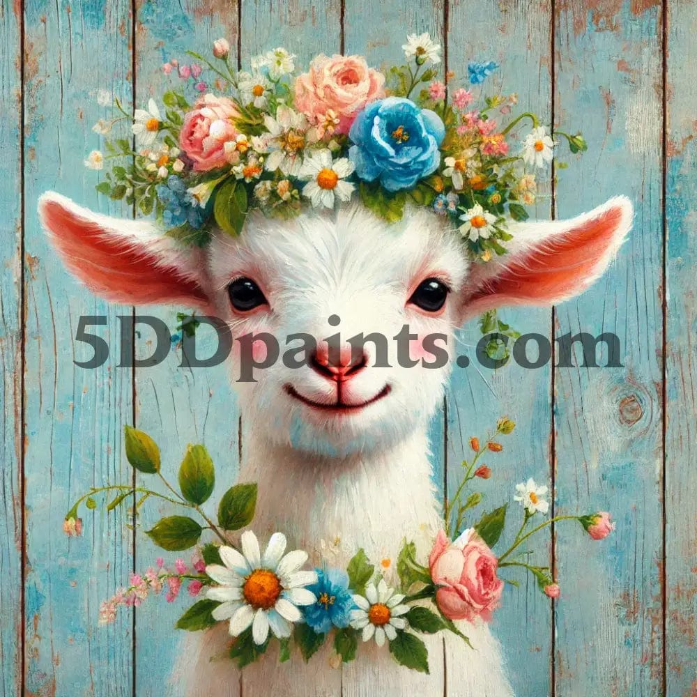 5DDPaints.com arts and crafts kit Whimsical Goat with Floral Crown Diamond Painting Kit