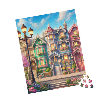 Printify Puzzle Whimsical Pastel Victorian Houses Jigsaw Puzzle | 520 or 1014 Pieces